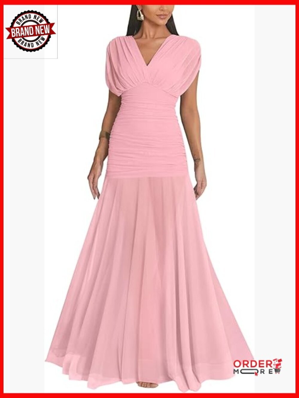 Elegant Formal V Neck Mesh Cap Sleeve Bodycon Ruched Ruffle Hem Long Maxi Dress